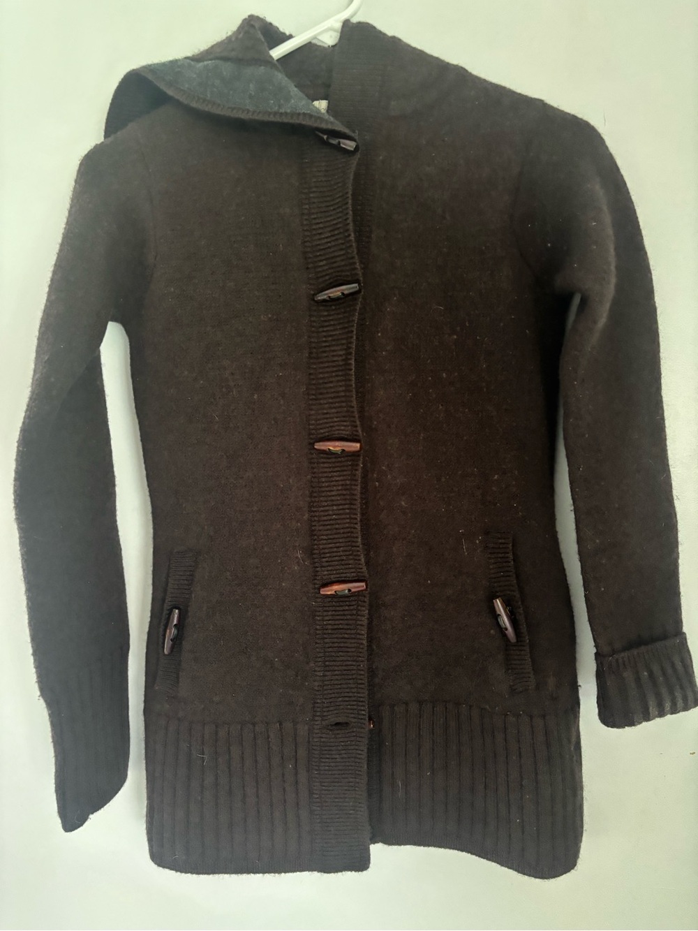 100% Wool Smartwool Hooded Toggle Coatigan - Dark Brown - Picture 9 of 10